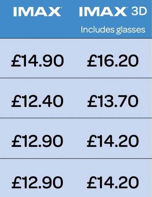 IMAX Cineworld Ticket Prices (UK)