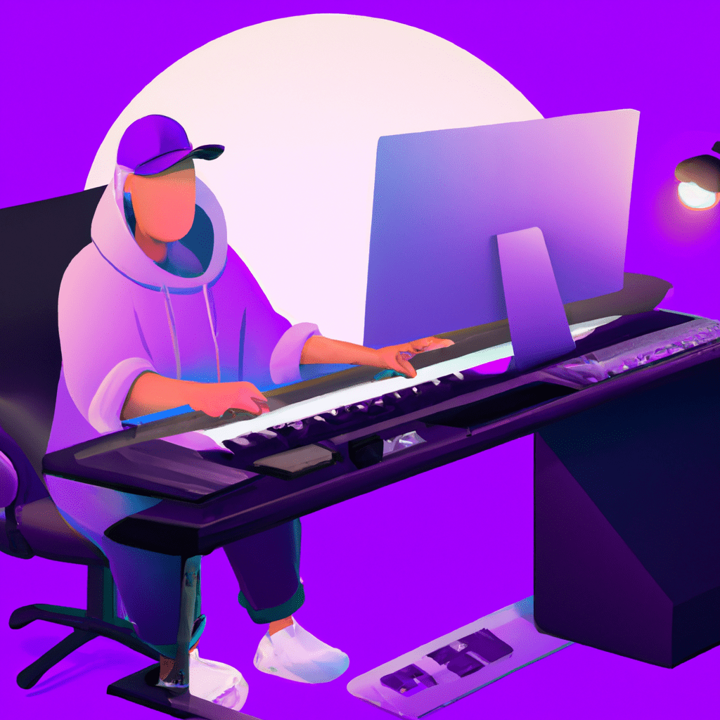 illustration of a music producer at computer, modern design, for the web, happy, 4k, high resolution, trending in artstation