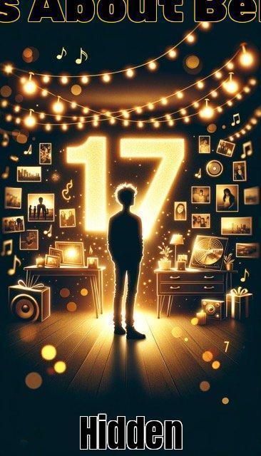 turning 17 pins Illustration of a dimly lit modern room adorned with decorations celebrating 17. The golden glow from string lights illuminates a silhouette of a tee Medium