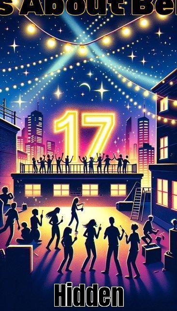 turning 17 pins Illustration of a vibrant rooftop party under a starry sky. A banner with 17 shines brightly and the atmosphere is filled with laughter and music. Medium
