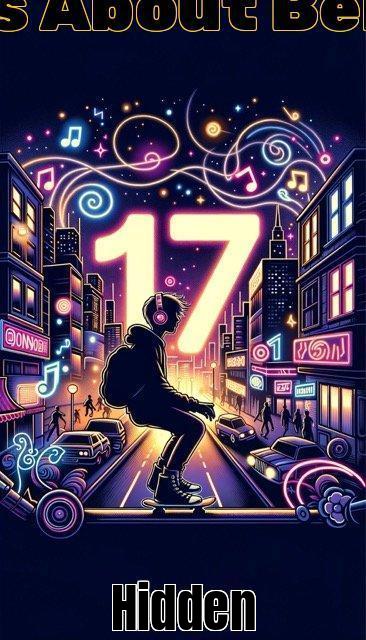 turning 17 pinsIllustration of a bustling cityscape at twilight where neon signs light up the streets with the number 17. A silhouette of a teenager headphones o Medium