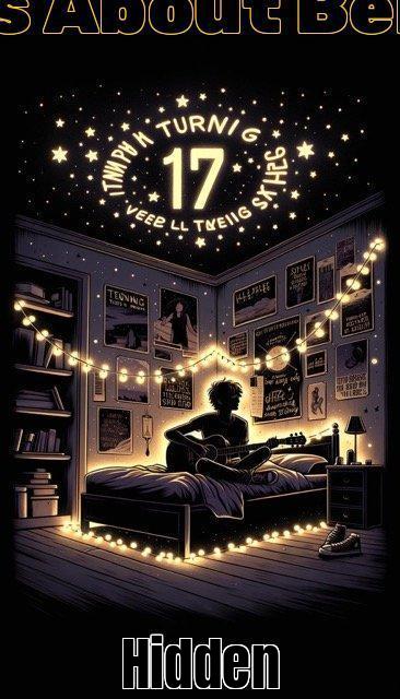 turning 17 pinsIllustration of a dimly lit bedroom walls adorned with posters and fairy lights. In the center a silhouette of a teenager sits on the bed strumming Medium