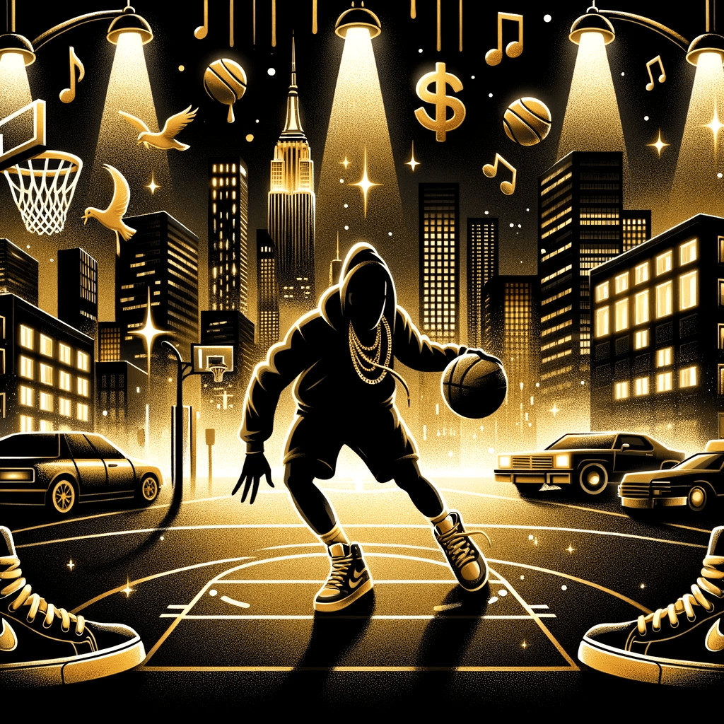 DALL·E 2023 10 14 10.36.30 Illustration of a dimly lit elite basketball court in the city. Amid the golden haze from floodlights a silhouette of a rapper plays a solo game dr