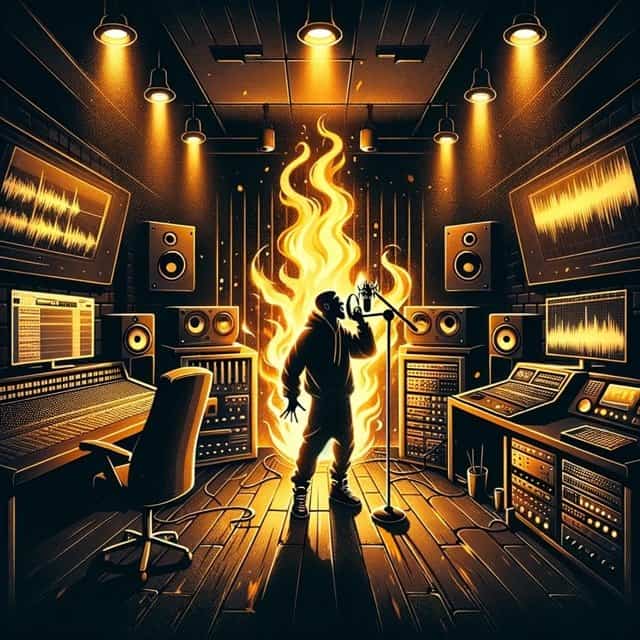 Illustration of a dimly lit edgy recording studio set in a gritty urban environment. Amid the golden glow from studio lights the control room is fil Medium